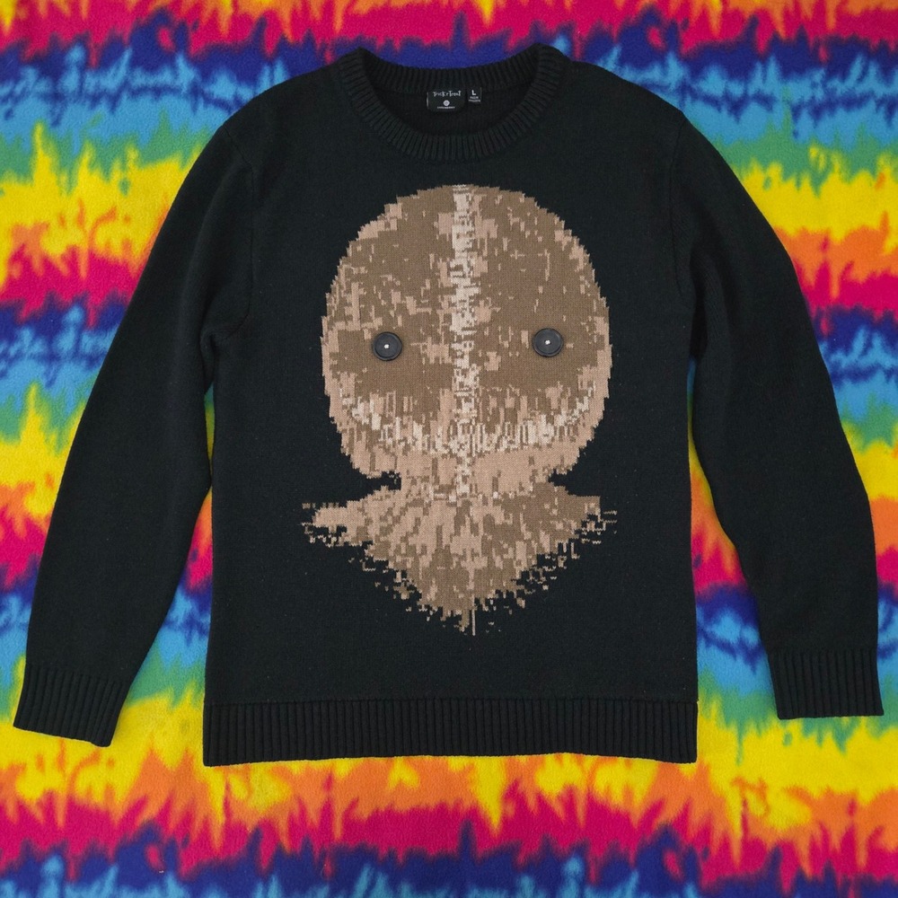 Trick r Treat Sam Horror Movie Knit Sweater Black Button Eyes Large
